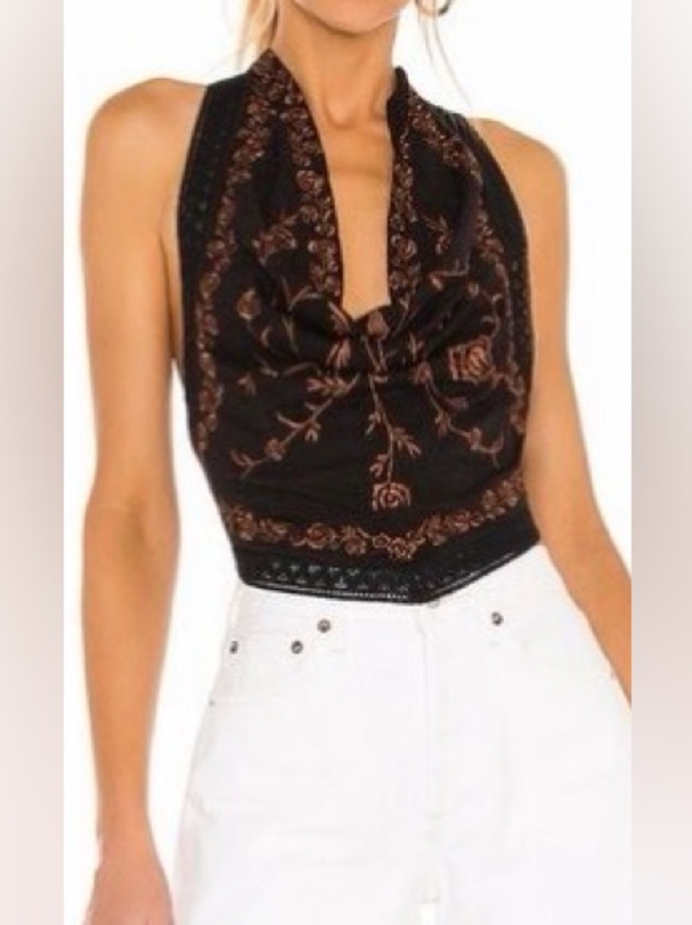 Free People women’s large black & brown floral embroidered open back halter top